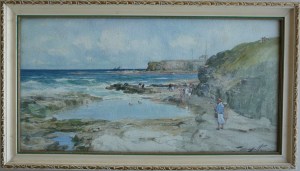 'Bathing Pool', Whitley Bay, (1927), T.S Hutton. Orange/brown foxing is visible, particularly across the sky.